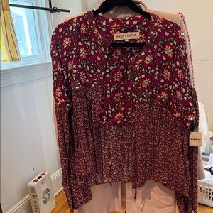 Free People Floral Blouse - Red and White
